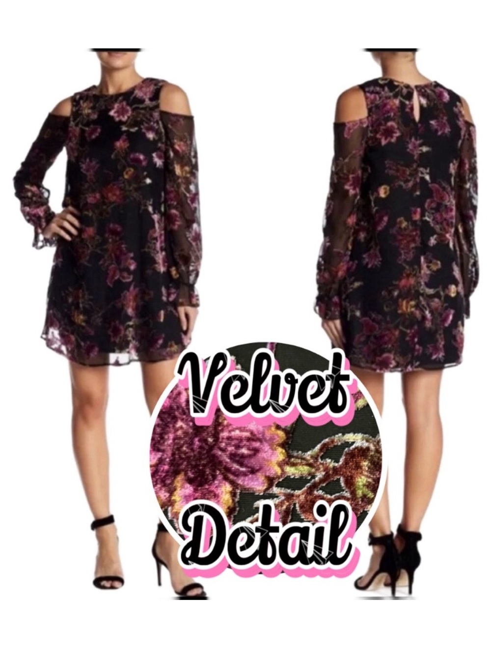 NORDSTROM CHELSEA28 Black Floral Velvet Dress Small Open Cold Shoulder